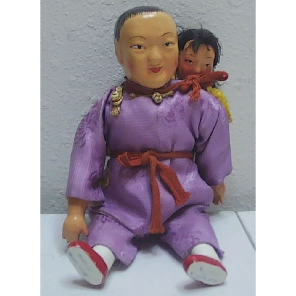 VINTAGE CHINESE DOLL AMAH WITH CHILD RARE 8" ORIGINAL POST WAR ERA GREAT SHAPE